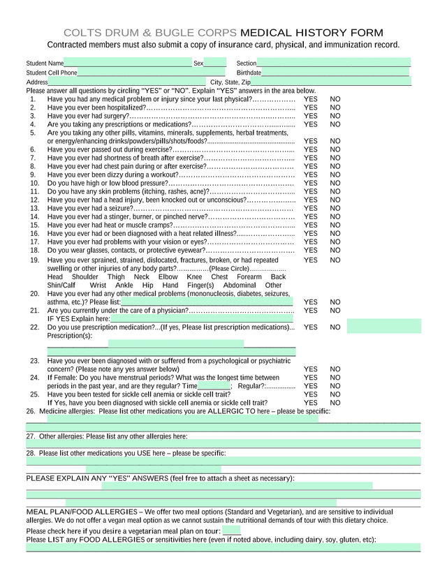 COLTS DRUM  BUGLE CORPS MEDICAL HISTORY FORM screenshot