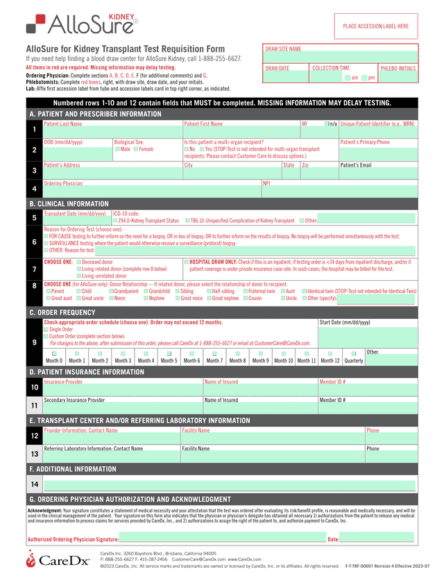 CareDx Transplant Test Requisition Form screenshot