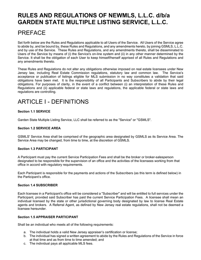 Rules And Regulations Of NewMLS, L.L.C. DBA Garden State Multiple Listing Service, L.L.C. screenshot