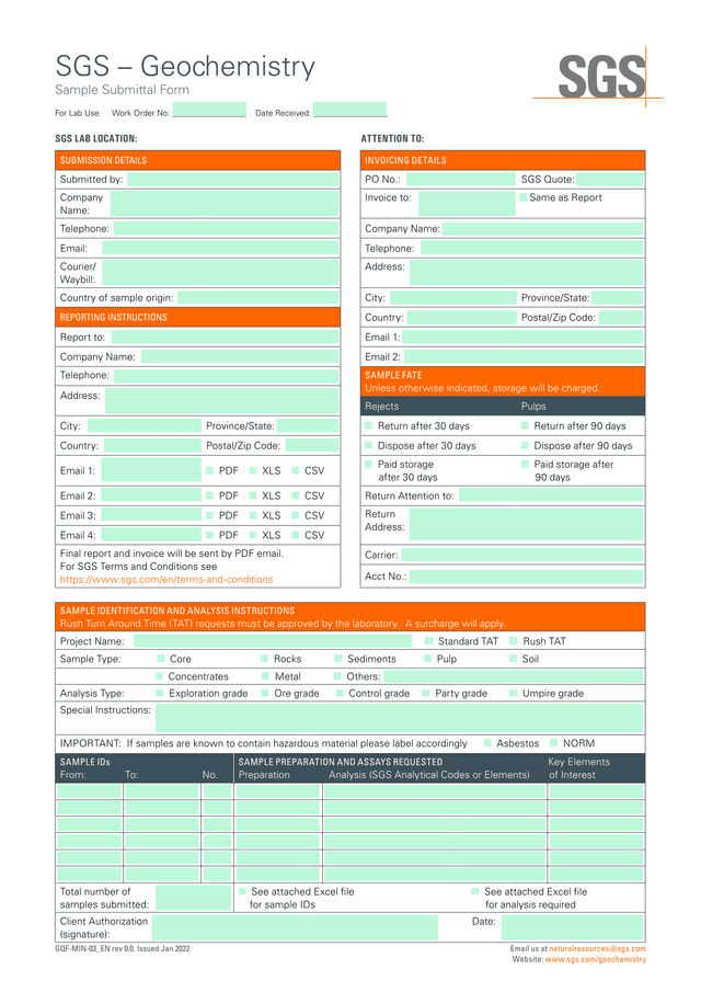 SGS  Geochemistry Sample Submittal Form screenshot