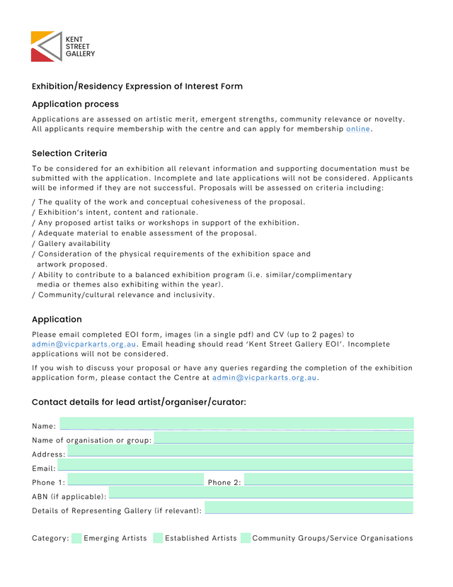 ExhibitionResidency Expression Of Interest Form screenshot