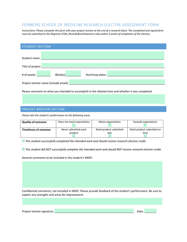 FEINBERG SCHOOL OF MEDICINE RESEARCH ELECTIVE ASSESSMENT FORM screenshot