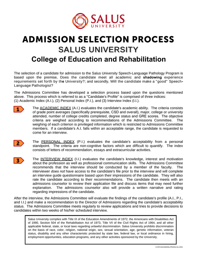 Salus University Speech Language Pathology Program Admissions Selection Process screenshot