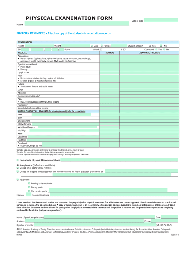 Physical Examination Form screenshot