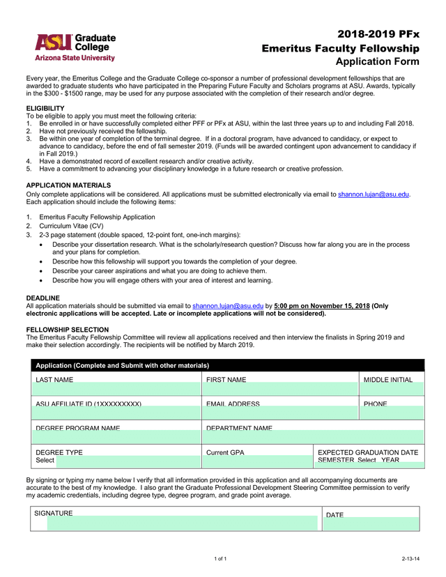 2018 2019 PFx Emeritus Faculty Fellowship Application Form screenshot