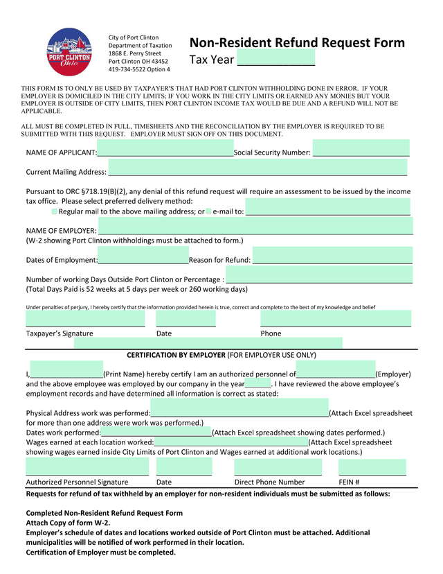 Port Clinton Withholding Tax Refund Request Form screenshot