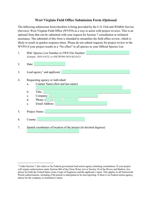 West Virginia Field Office Submission Form screenshot