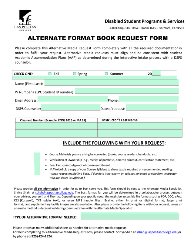 Alternate Format Book Request Form screenshot