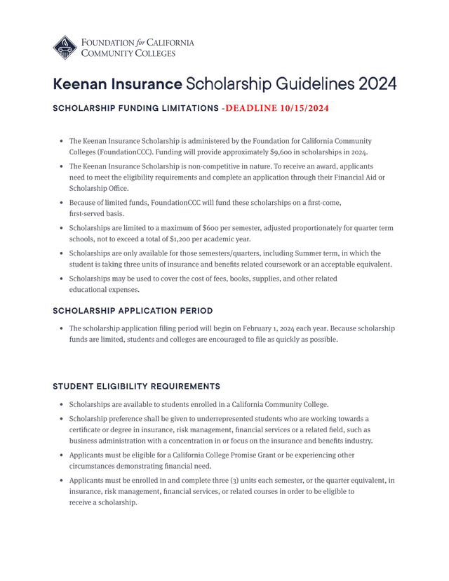 Keenan Insurance Scholarship Guidelines 2024 screenshot