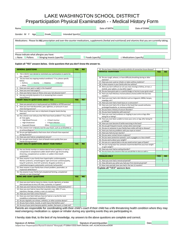 Preparticipation Physical Examination   Medical History Form screenshot