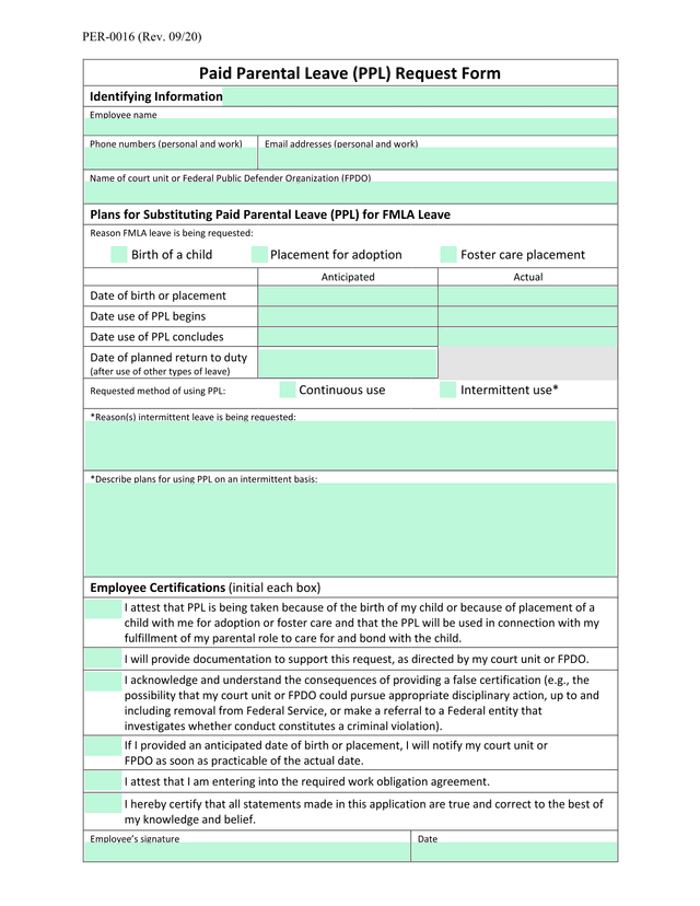 Paid Parental Leave (PPL) Request Form screenshot