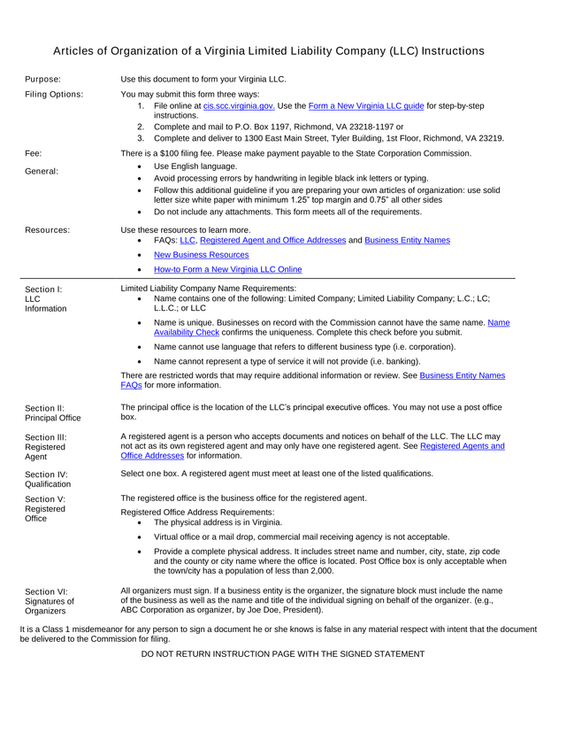 Articles Of Organization Of A Virginia Limited Liability Company (LLC) Instructions screenshot