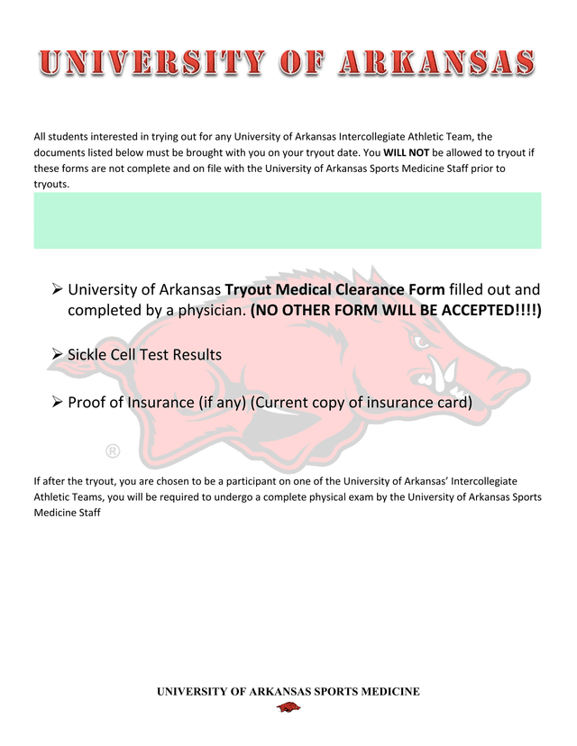 University Of Arkansas Athletic Tryout Medical Documentation screenshot