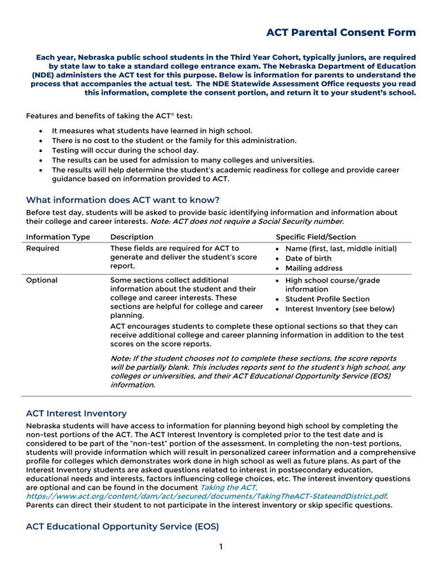 ACT Parental Consent Form screenshot