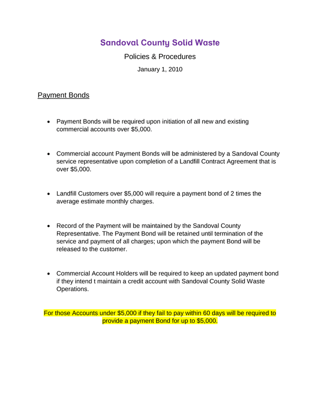 Sandoval County Solid Waste Policies  Procedures   Payment Bonds screenshot