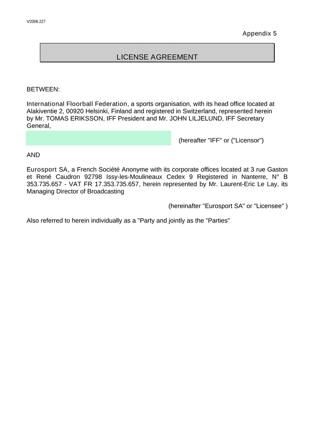 License Agreement Between International Floorball Federation And Eurosport SA screenshot