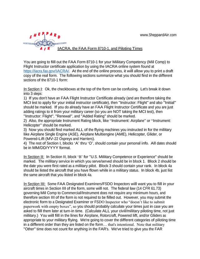 FAA Form 8710 1 Military Competency Instructions screenshot