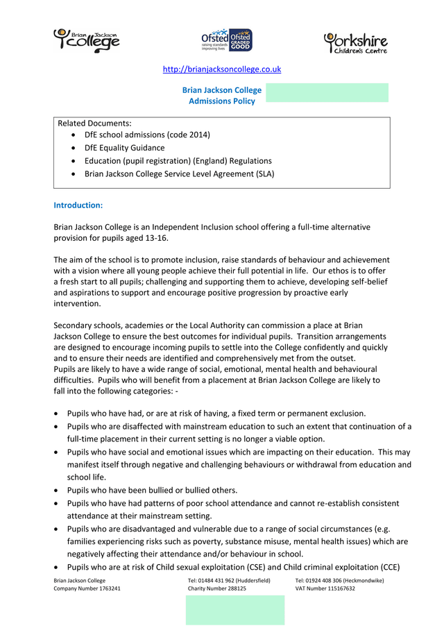 Brian Jackson College Admissions Policy screenshot