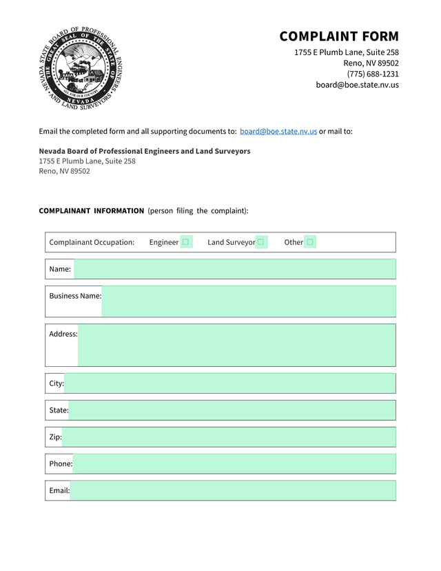 Complaint Form screenshot