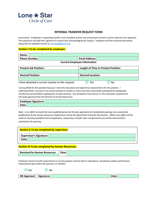 Internal Transfer Request Form screenshot