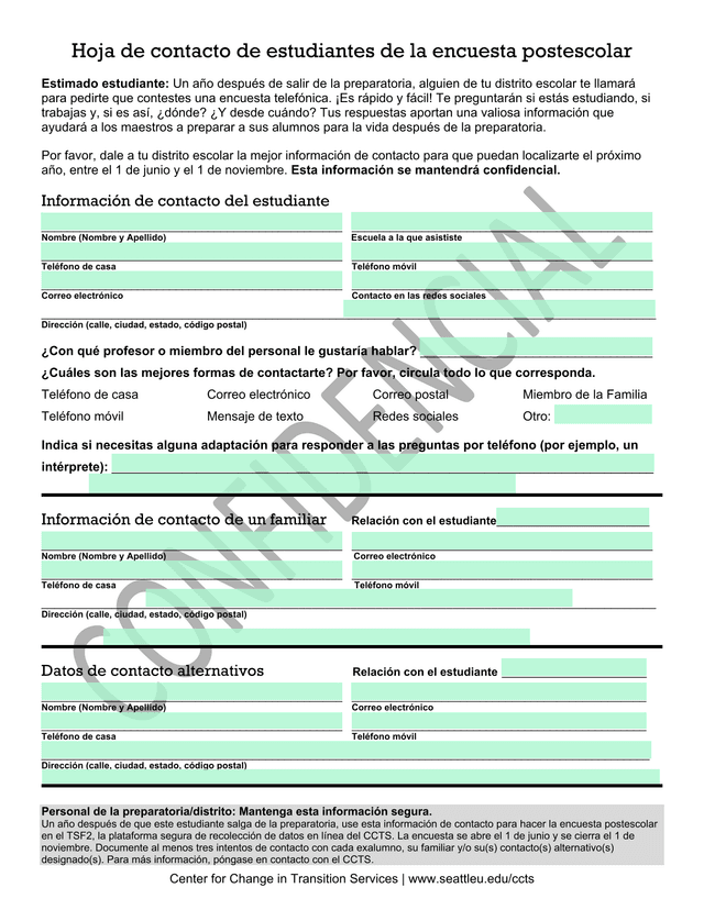 Hoja De Contacto De Estudiantes De La Encuesta Postescolar screenshot