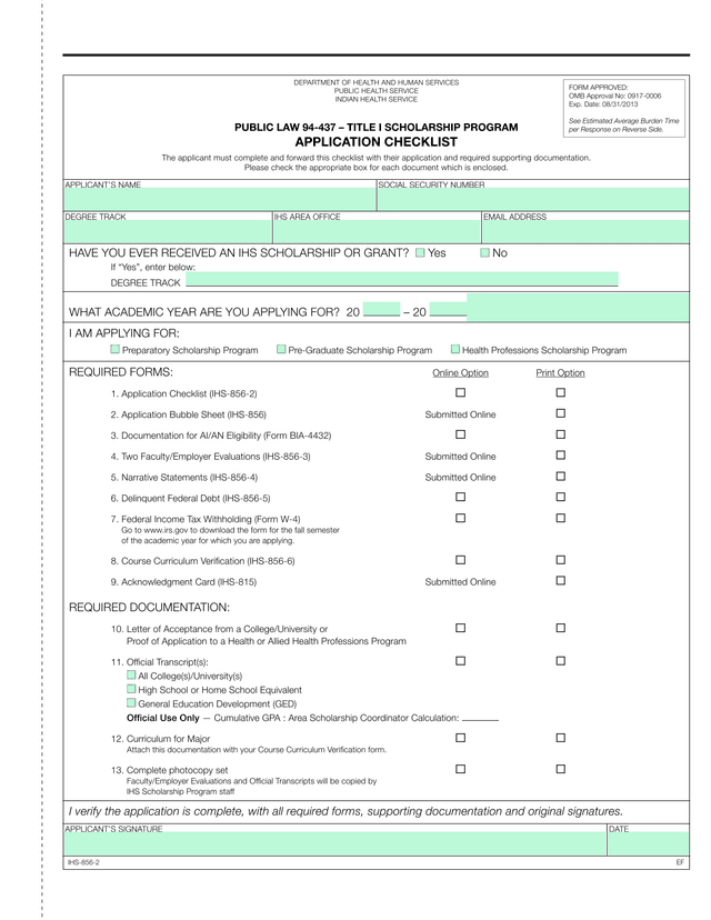 Public Law 94 437  Title I Scholarship Program Application Checklist screenshot