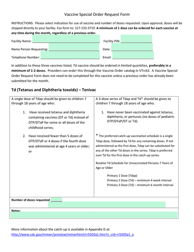 Vaccine Special Order Request Form screenshot
