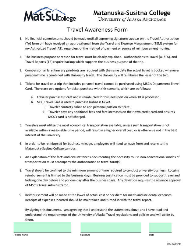 Travel Awareness Form screenshot