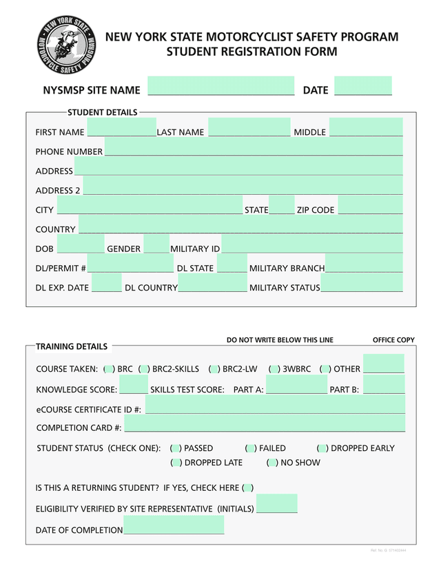 NEW YORK STATE MOTORCYCLIST SAFETY PROGRAM STUDENT REGISTRATION FORM screenshot