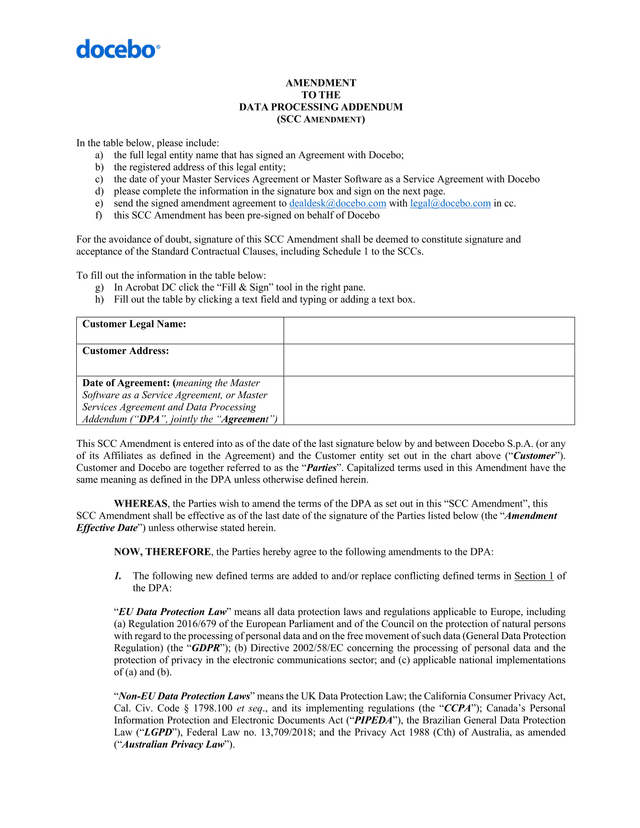 Amendment To The Data Processing Addendum (SCC Amendment) screenshot