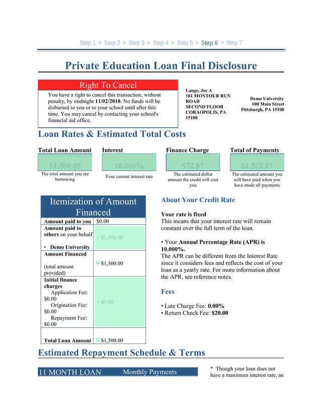 Private Education Loan Final Disclosure screenshot