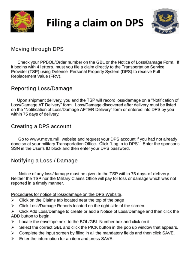 DPS (Defense Personal Property System) Claim Filing Instructions screenshot