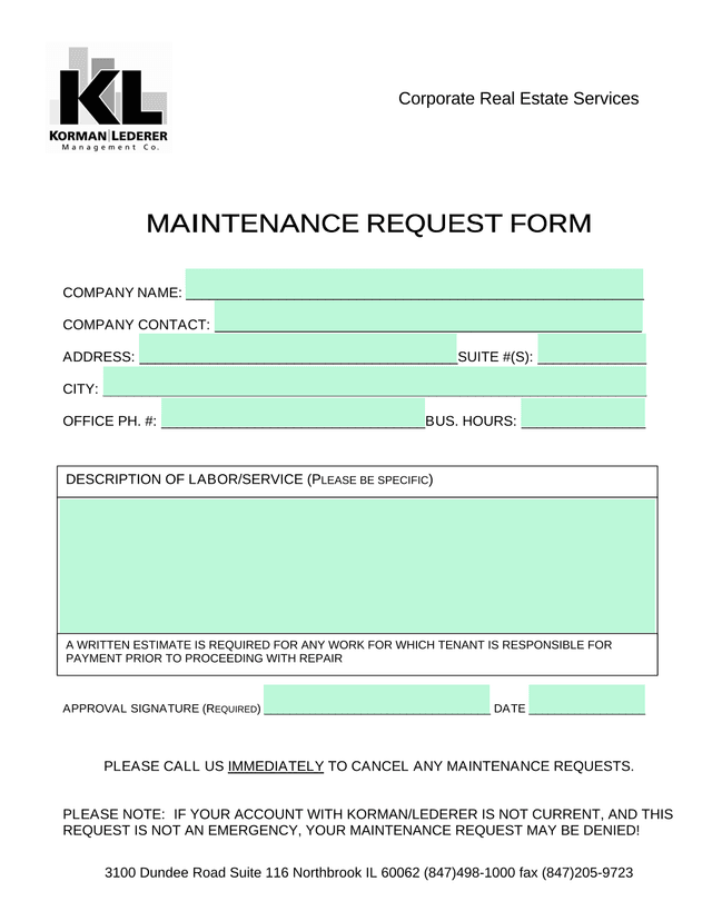 Maintenance Request Form screenshot