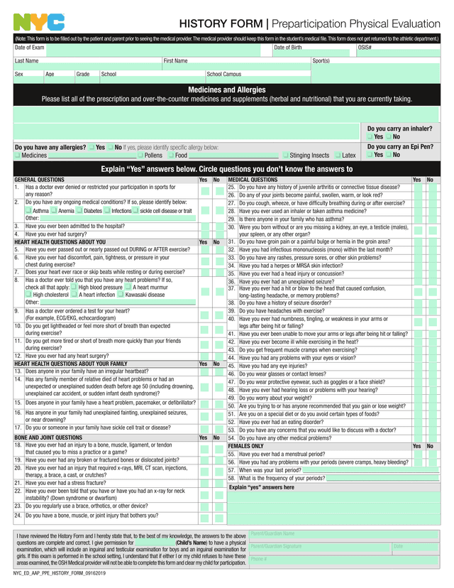 History Form  Preparticipation Physical Evaluation screenshot