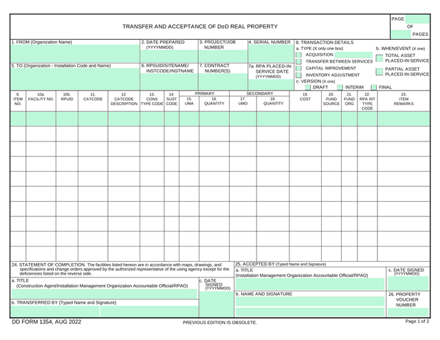 DD FORM 1354 Transfer And Acceptance Of DoD Real Property screenshot