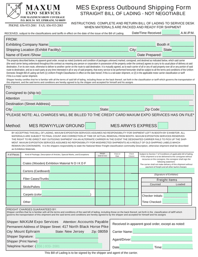 Straight Bill Of Lading   Not Negotiable screenshot