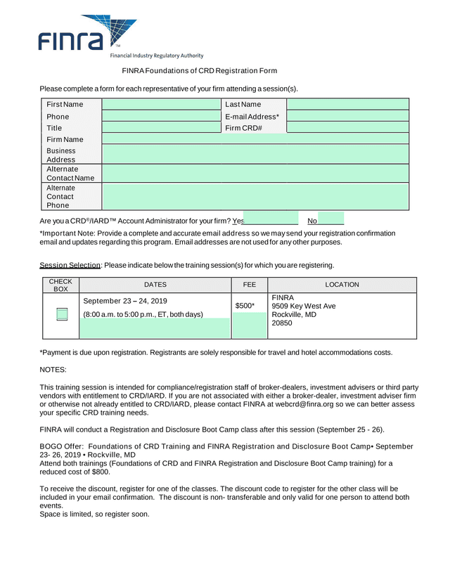 FINRA Foundations Of CRD Registration Form screenshot