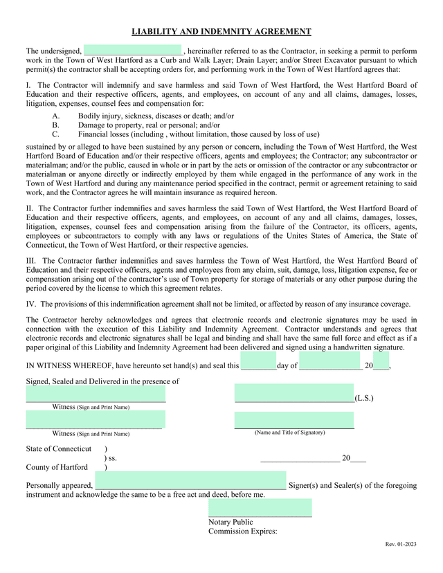 Liability And Indemnity Agreement screenshot
