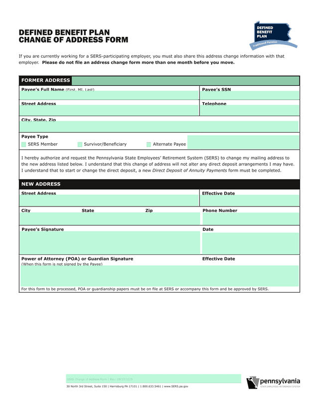 DEFINED BENEFIT PLAN CHANGE OF ADDRESS FORM screenshot