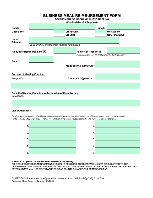 Business Meal Reimbursement Form screenshot