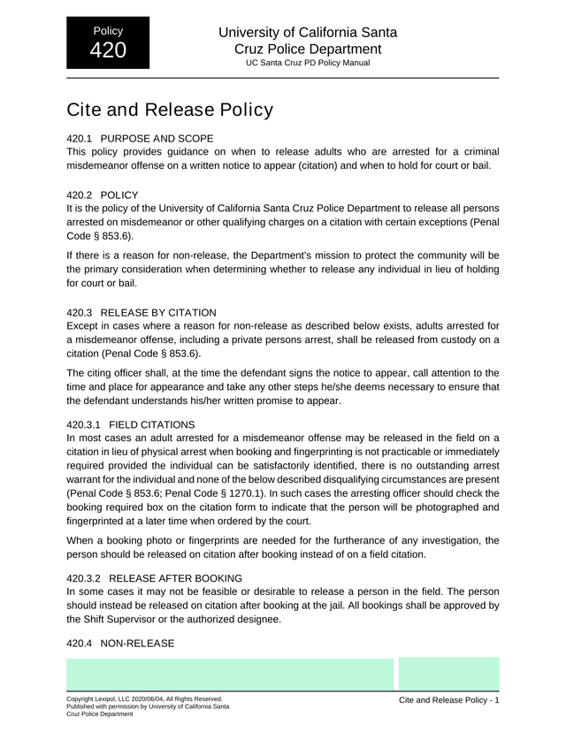 UC Santa Cruz PD Policy Manual   Policy 420 Cite And Release Policy screenshot