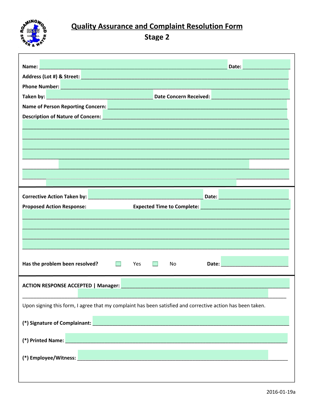 Quality Assurance And Complaint Resolution Form screenshot