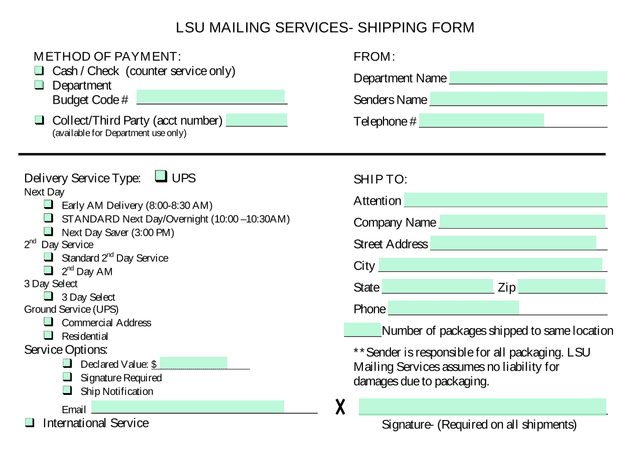 LSU Mailing Services  Shipping Form screenshot