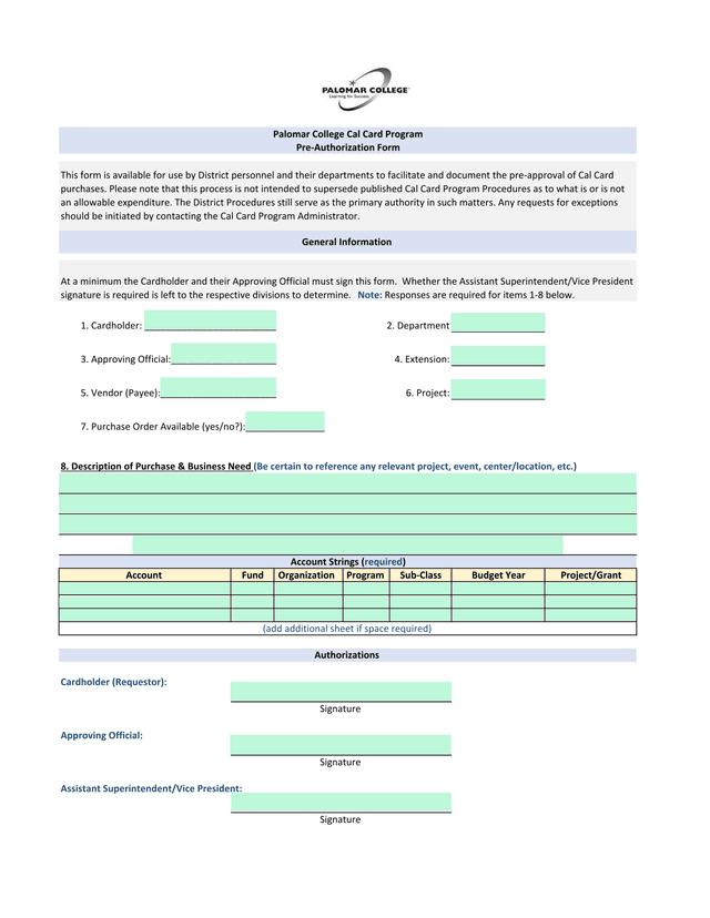 Palomar College Cal Card Program Pre Authorization Form screenshot