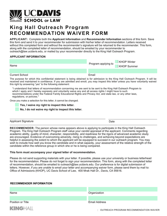 King Hall Outreach Program Recommendation Waiver Form screenshot