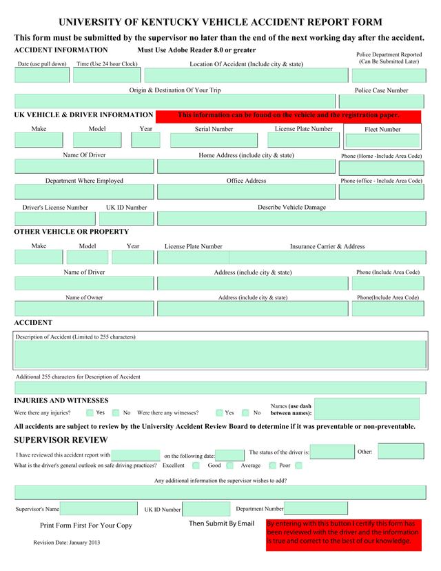 University Of Kentucky Vehicle Accident Report Form screenshot
