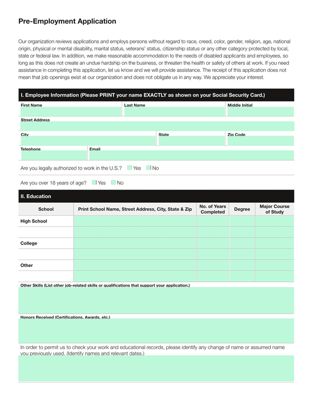 Pre Employment Application screenshot