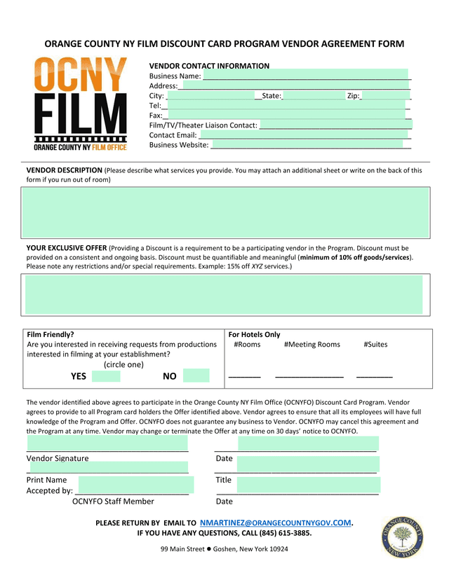 Orange County NY Film Discount Card Program Vendor Agreement Form screenshot