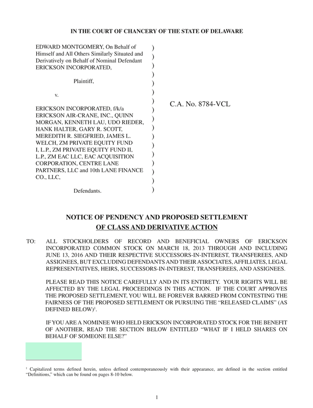 Notice Of Pendency And Proposed Settlement Of Class And Derivative Action screenshot