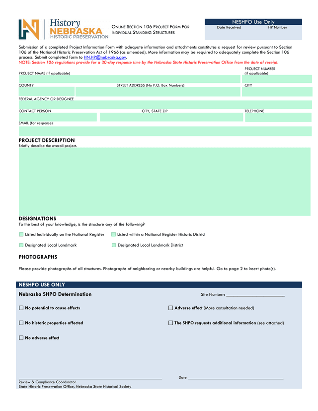 Online Section 106 Project Form For Individual Standing Structures screenshot